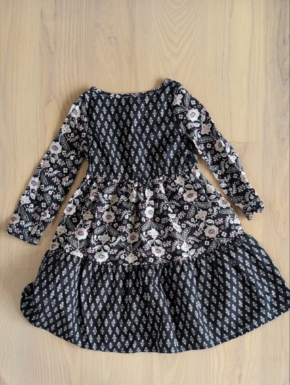 Carter's Black Floral & Cream Tiered Long-Sleeve Dress